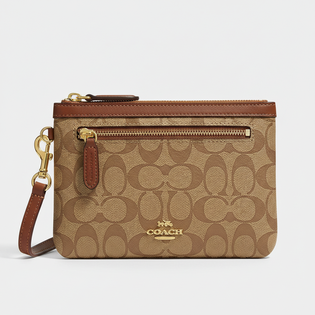 COACH ゴールド (2点) Coach Large Corner Zip Wristlet in Signature Canvas Gold/Khaki