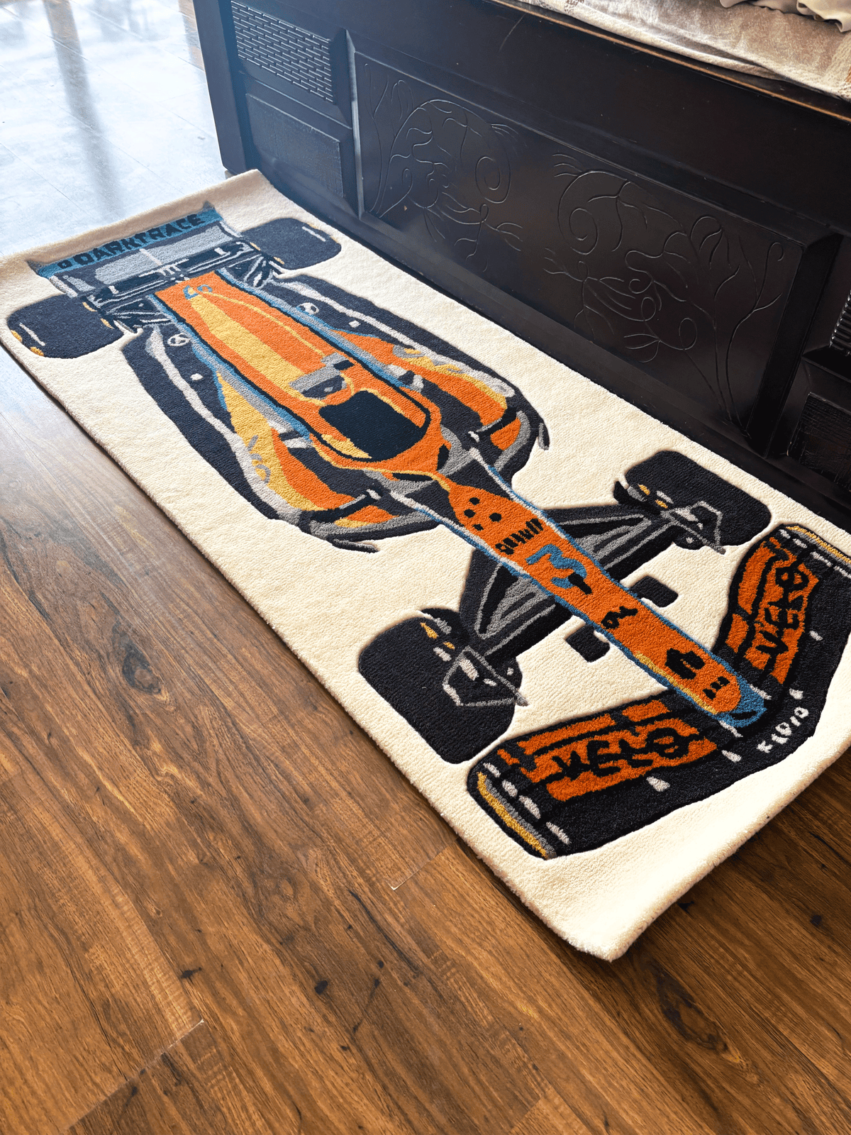 F1 McLaren inspired Racing Car hand tufted Custom Rug by THE DRIP CO. RUGS