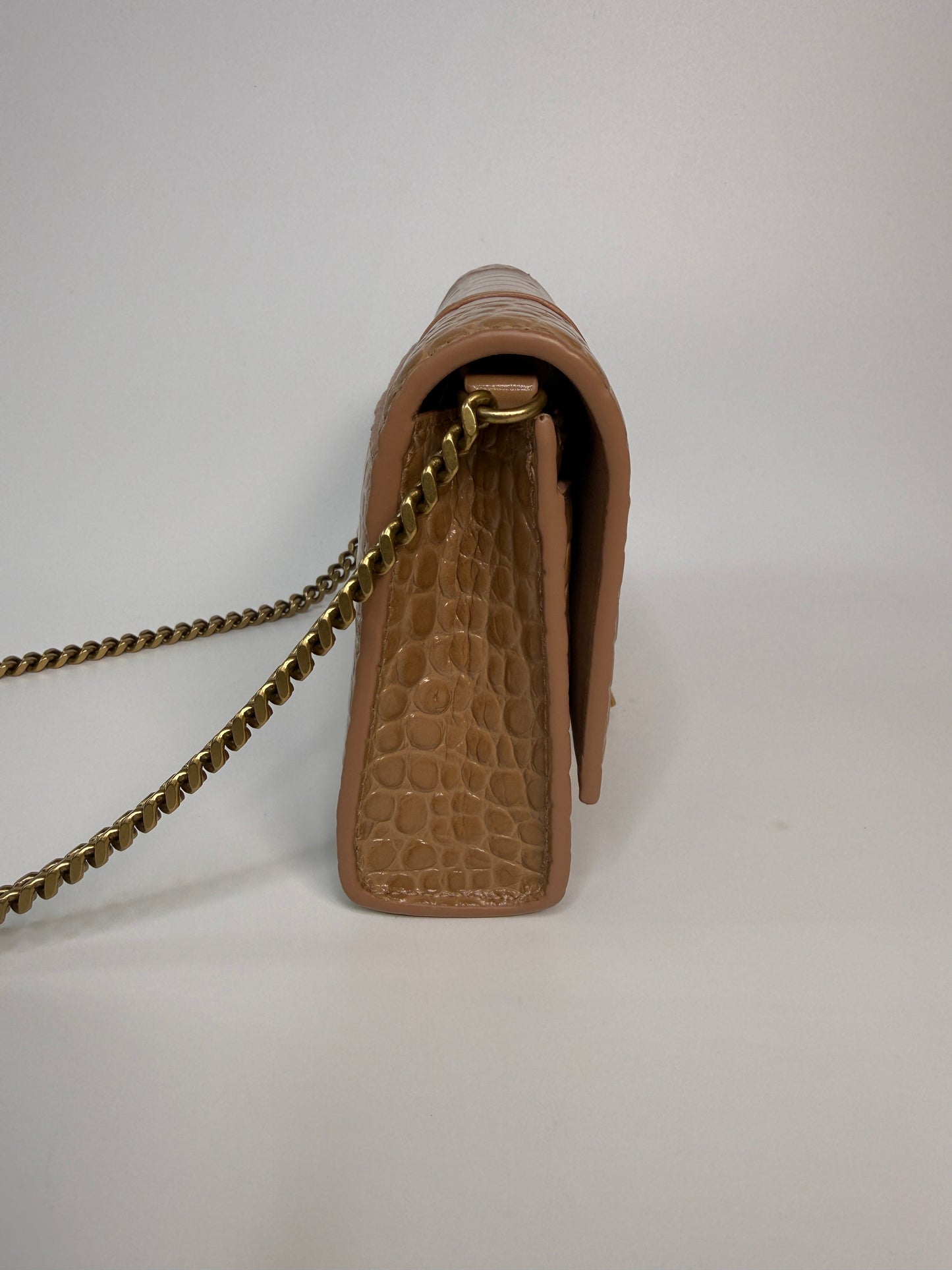 Balenciaga Small Croc Embossed Hourglass Wallet on Chain – Beige