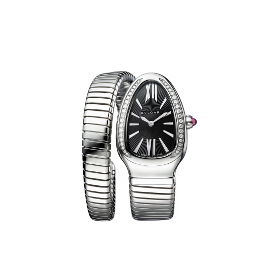 Serpenti Tubogas Diamond Bezel Steel Black Guilloche Watch