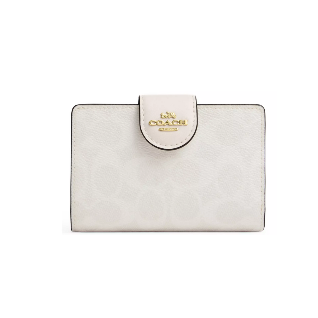 Coach Medium Corner Zip Wallet In Signature Canvas Gold White Chalk by COACH