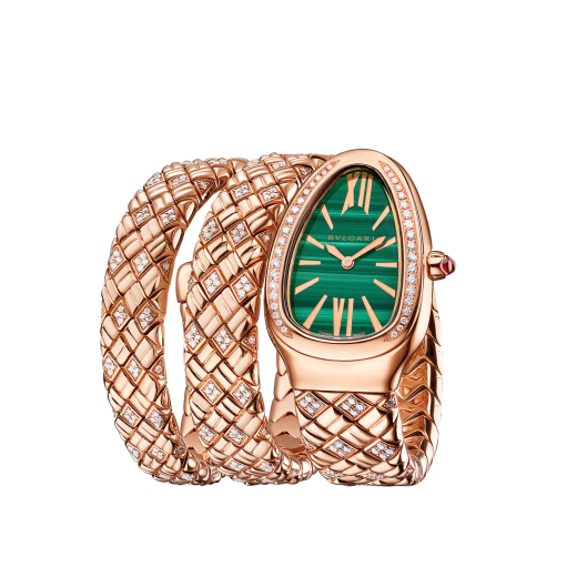 Serpenti Spiga Rose Gold Diamond Malachite Double Spiral Watch