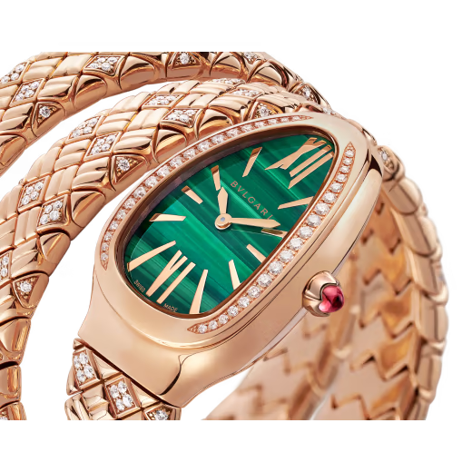 Serpenti Spiga Rose Gold Diamond Malachite Double Spiral Watch