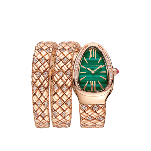 Serpenti Spiga Rose Gold Diamond Malachite Double Spiral Watch
