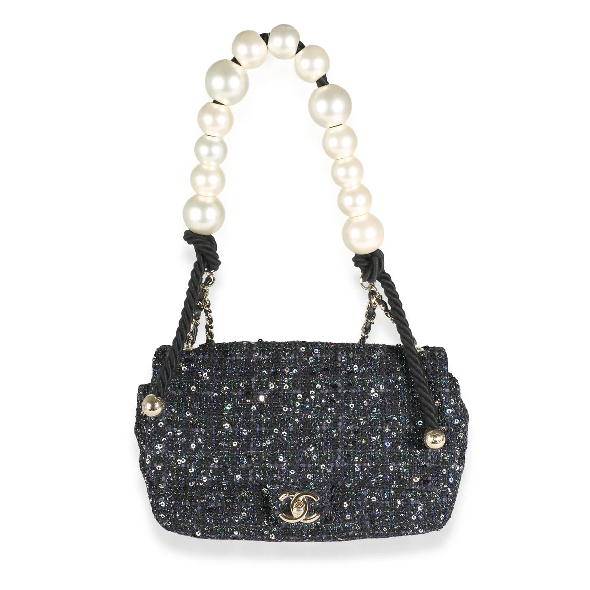 Chanel Navy Tweed Sequin Medium Pearl Handle Flap Bag
