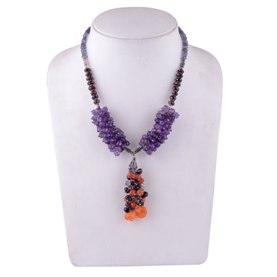 925 Sterling Silver Amethyst, Garnet, Carnelian, Iolite Cut Stone Necklace - R4100042-16