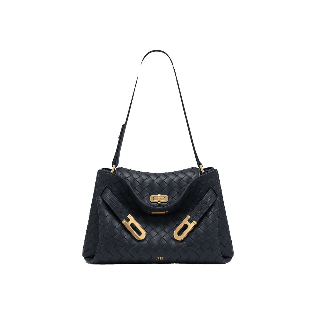 JW PEI Rhea Woven Texture Double Buckle Shoulder Bag - Navy Blue by JW PEI