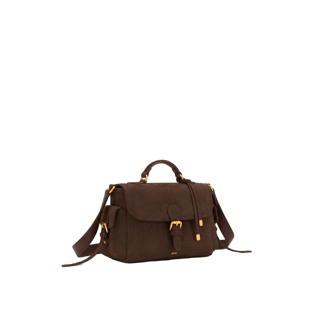JW PEI Marina Faux Suede Flap Multi-Pocket Top Handle Crossbody Bag - Dark Brown by JW PEI