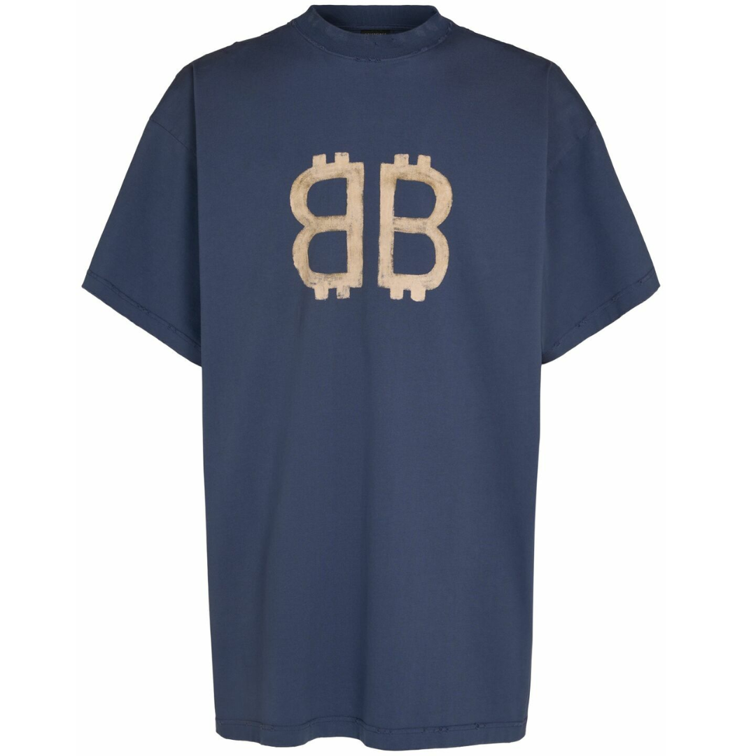 BALENCIAGA CRYPTO-PRINT COTTON T-SHIRT NAVY BLUE BEIGE by Balenciaga Apparel