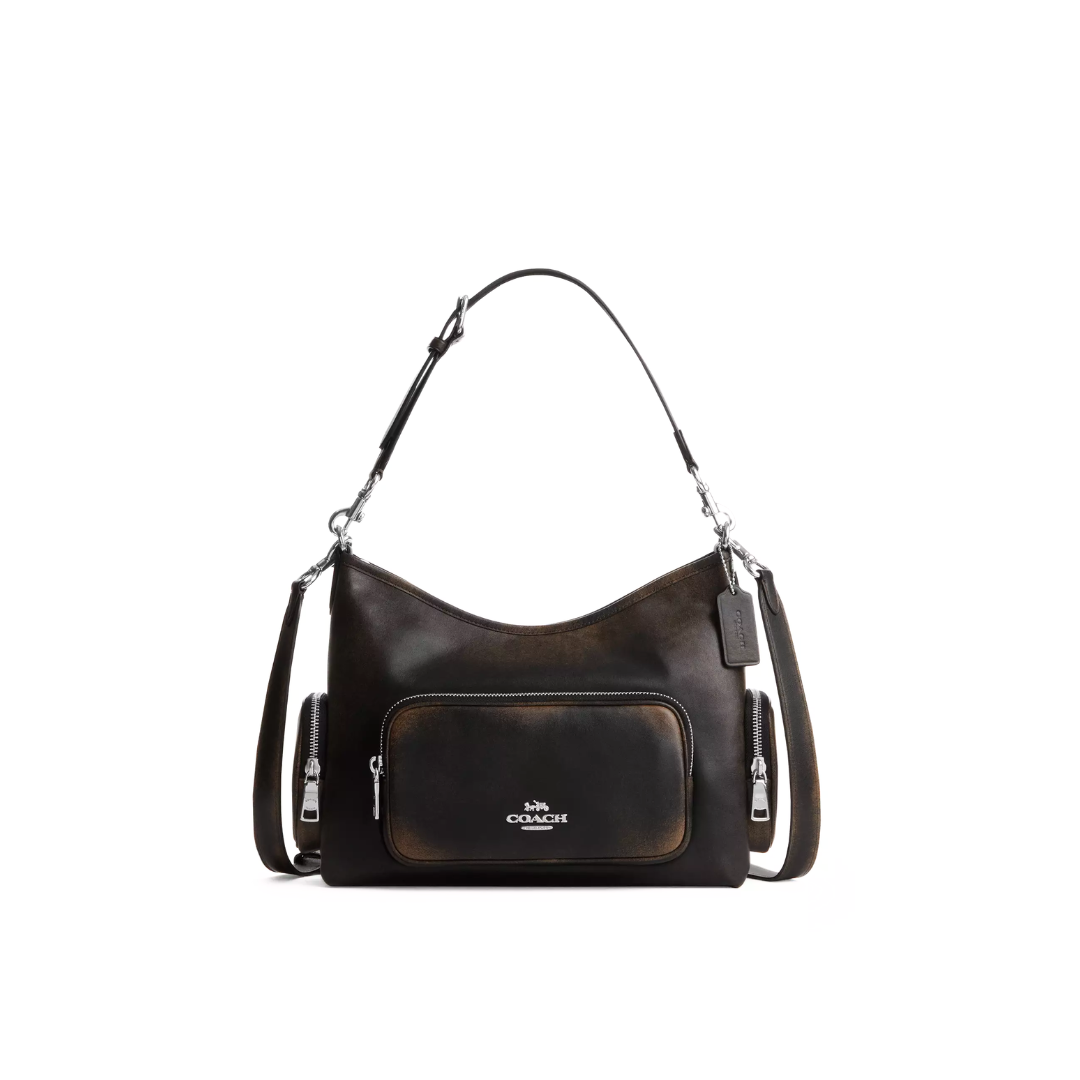 Coach Laurel Shoulder Bag With Pockets In Loved Leather Silver Black Brown by COACH