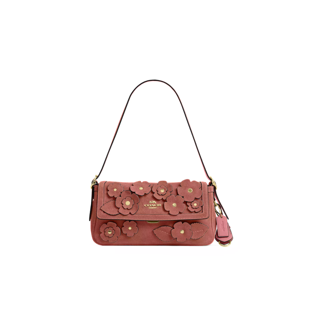 Coach Etta Small Flap Shoulder Bag With Floral Applique smooth leather Gold Blush Pink by COACH