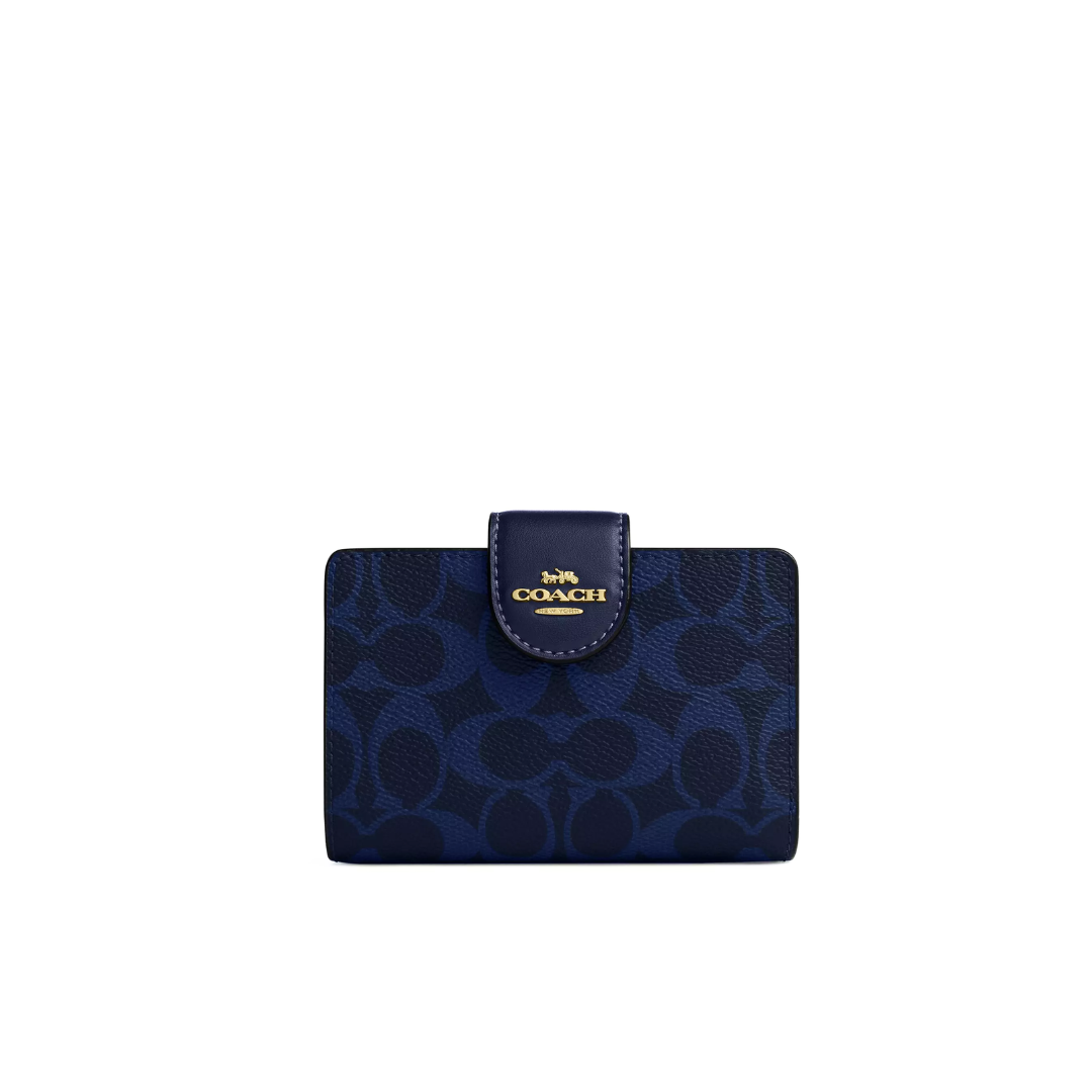 Coach Medium Corner Zip Wallet In Signature Canvas Gold Navy by COACH