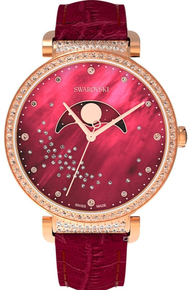Swarovski Passage Moon Phase watch, Swiss Made, Leather strap, Red, Rose gold-tone finish — product photo (5613323)