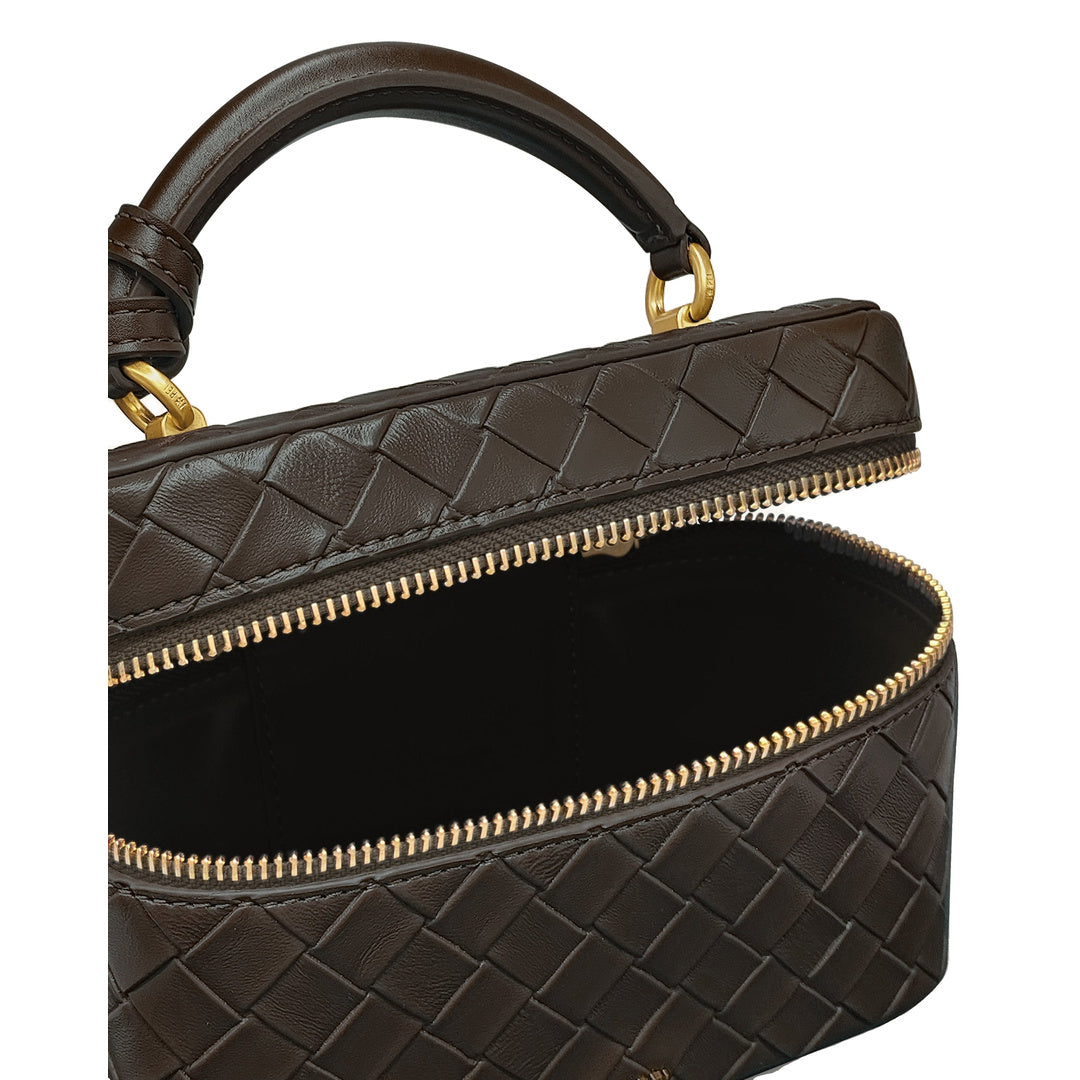 JW PEI Cleo Woven Texture Box Shape Top Handle Bag - Dark Brown by JW PEI