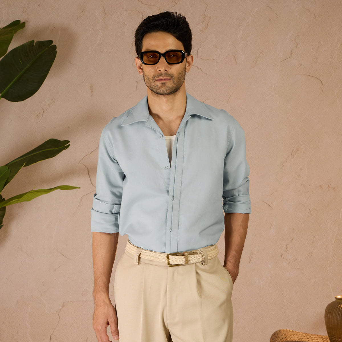 HALF PLACKET COTTON OXFORD SHIRT - SKY BLUE by Warping Theories