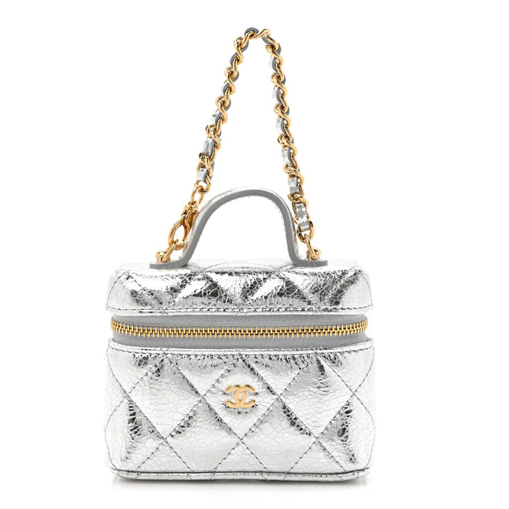CHANEL Metallic Calfskin Quilted Mini Vanity Bag Charm – Silver - Zeuskicks