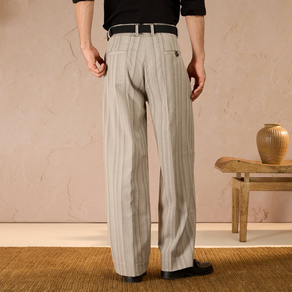 RELAXED FIT PINSTRIPE TROUSERS - BEIGE by Warping Theories