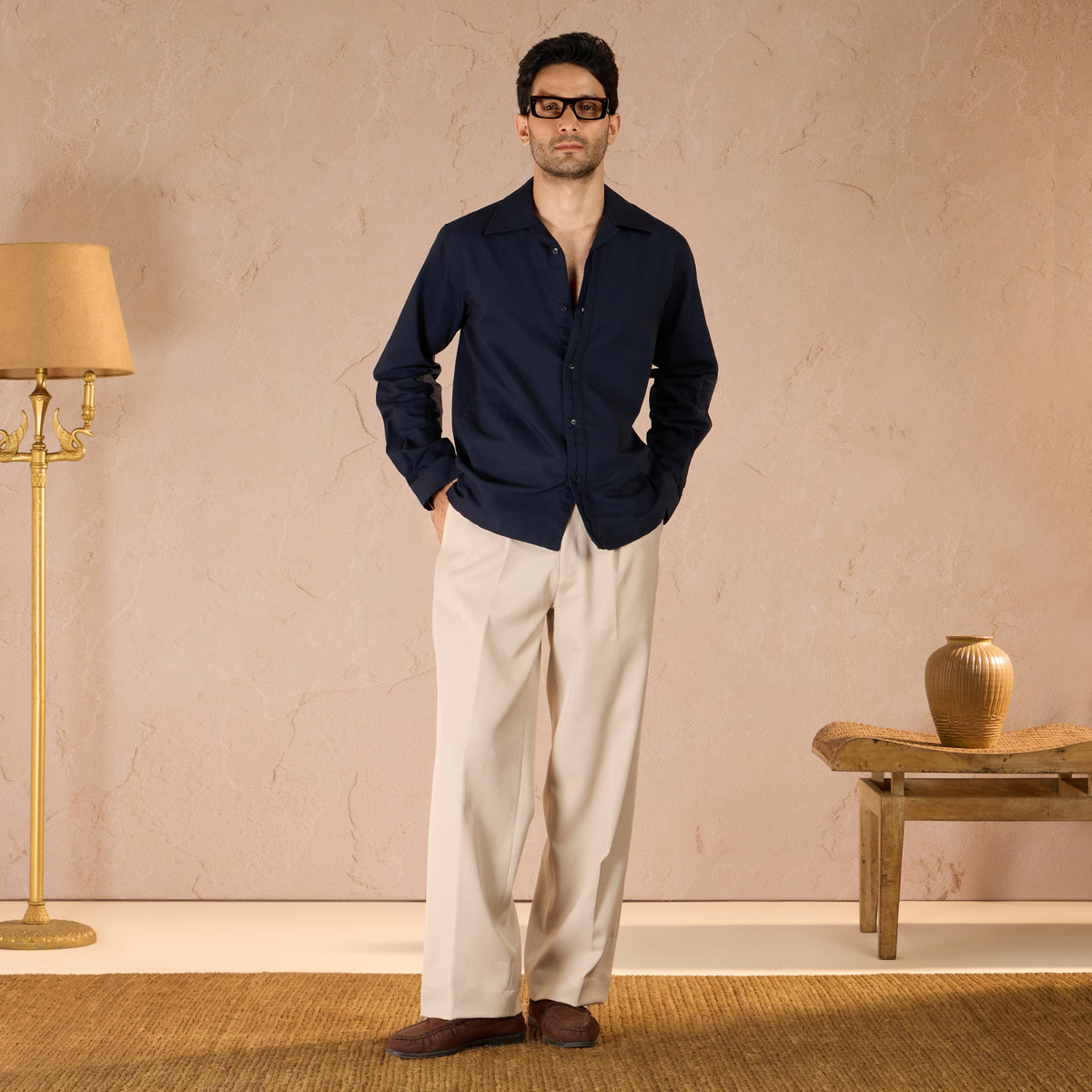 HALF PLACKET COTTON OXFORD SHIRT - NAVY by Warping Theories