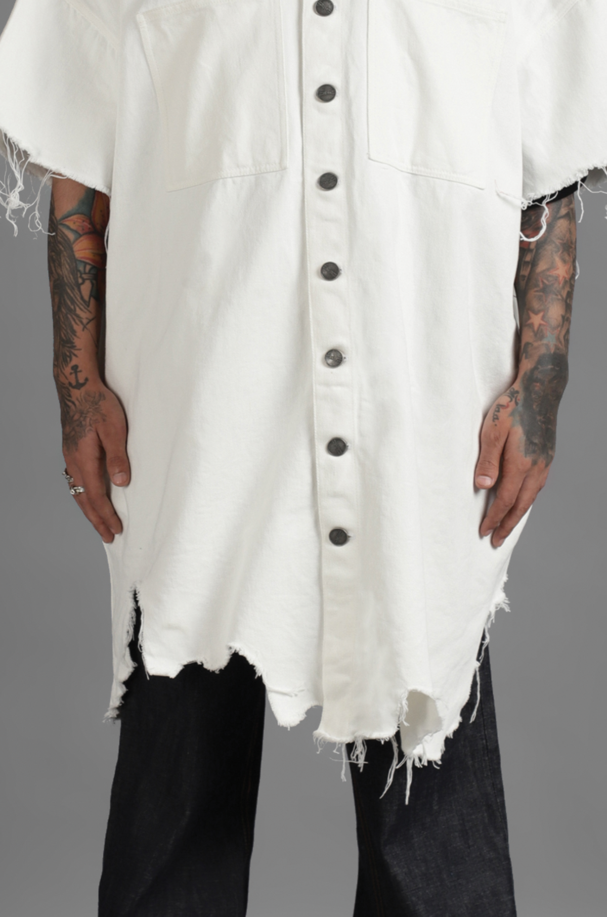 SuperHUEMN Denim Oversized Asymmetric Longline Shirt (White) by HUEMN