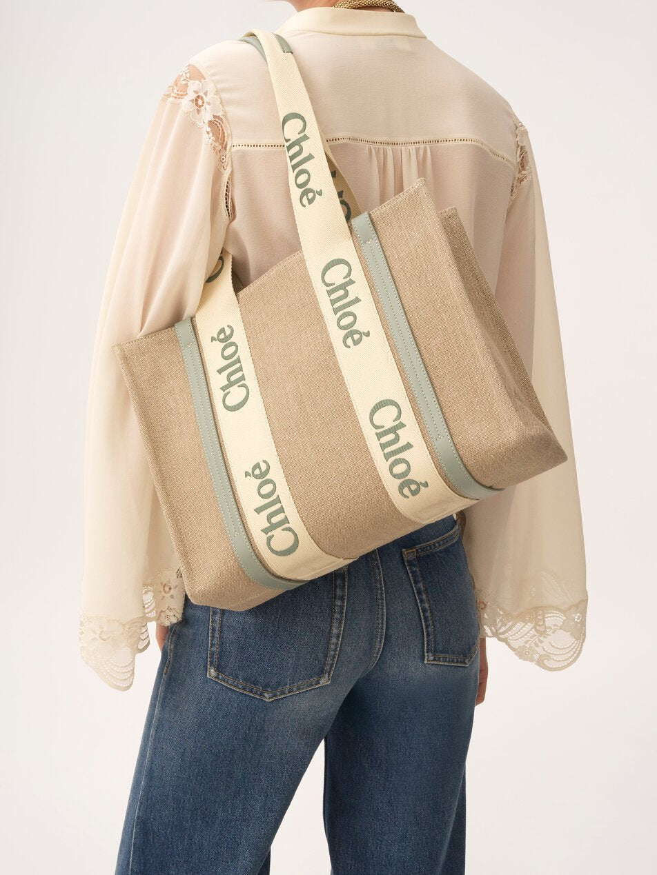 CHLOE Woody tote bag in linen Bluish Green by CHLOE