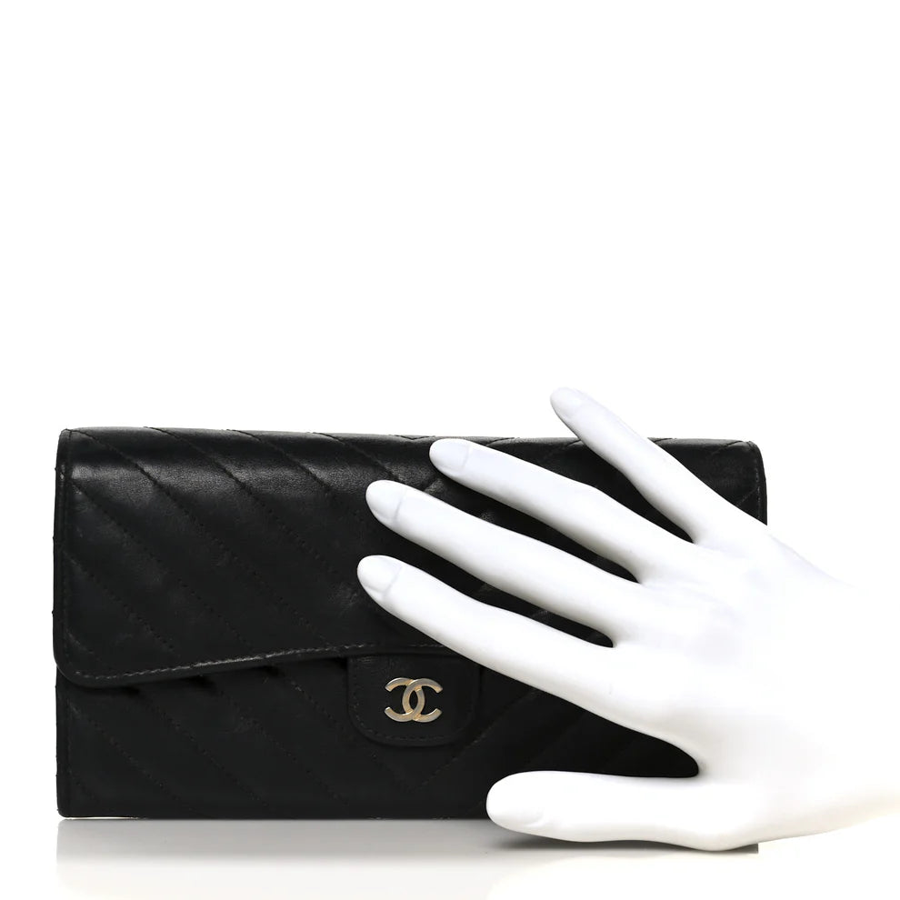 Chanel Calfskin Chevron Quilted Large Gusset Flap Wallet – Black