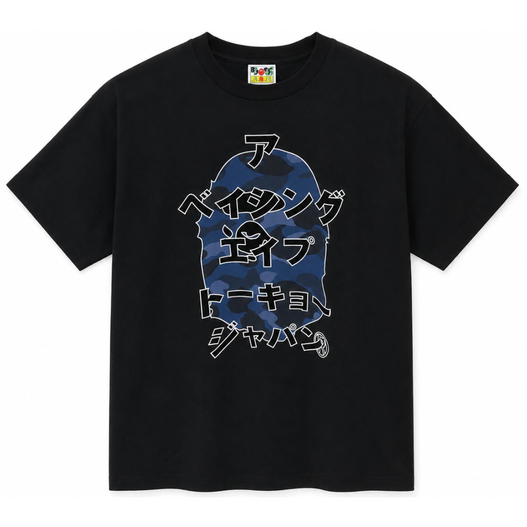 BAPE ABC CAMO JAPANESE LETTERS TEE BLACK BLUE by BAPE