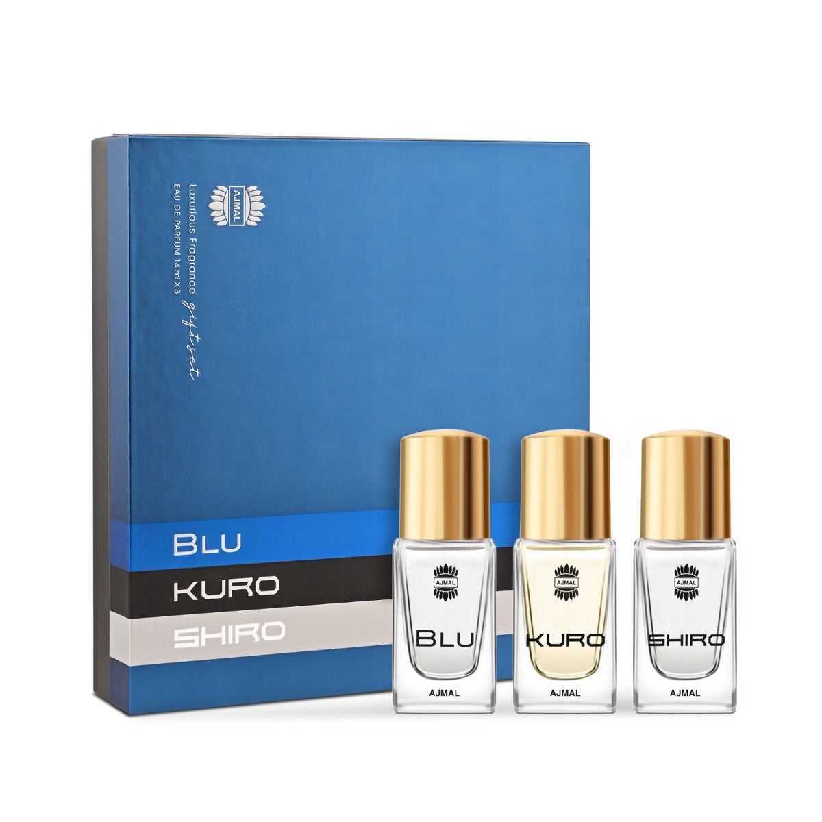 Ajmal BLU, KURO, SHIRO Perfume Gift Set Pack of 3 for Men (14 ML each) official product image