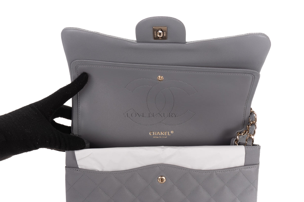 Chanel Jumbo Bag Grey Pale Caviar Light Gold Hardware - view 9