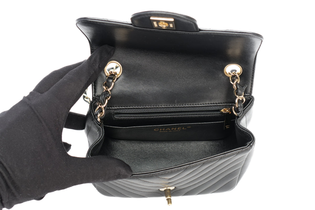 Chanel Mini Square Bag Chevron Black Lambskin Champagne Hardware - view 10