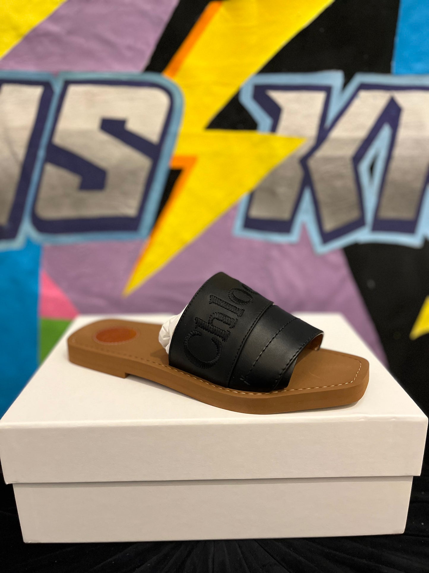 Chloe Black Leather Western Slides