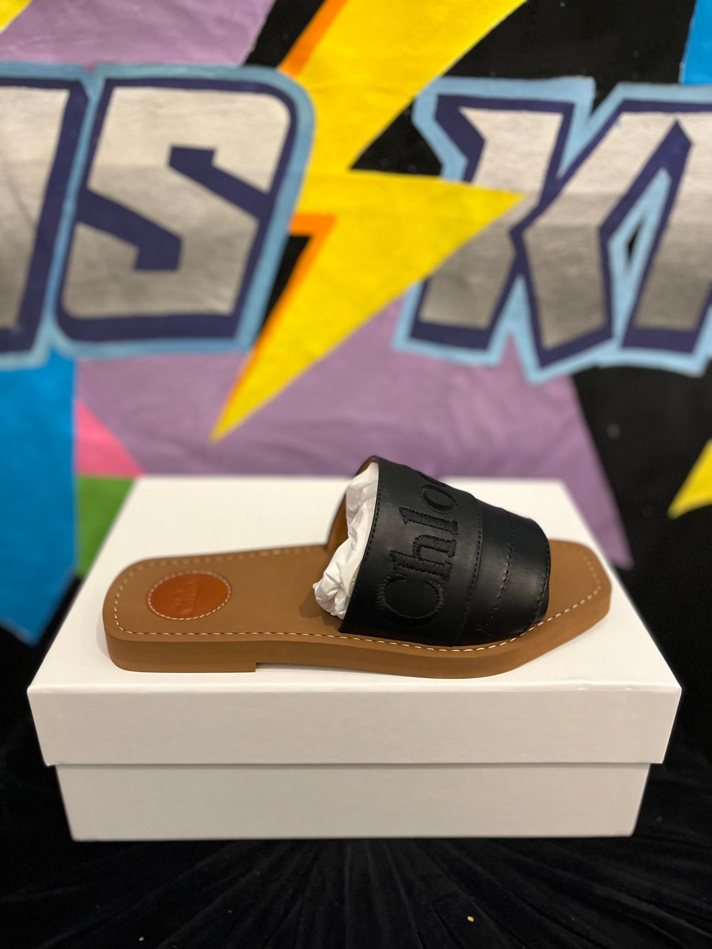 Chloe Black Leather Western Slides