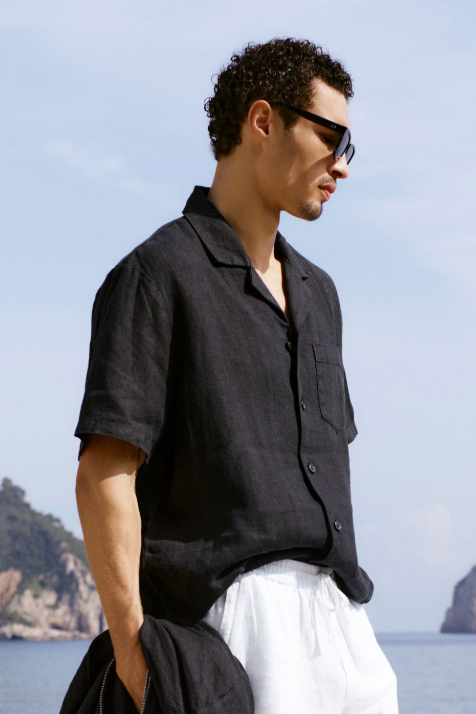 Linen Days Short Sleeve Button Up - Black (M1270R)
