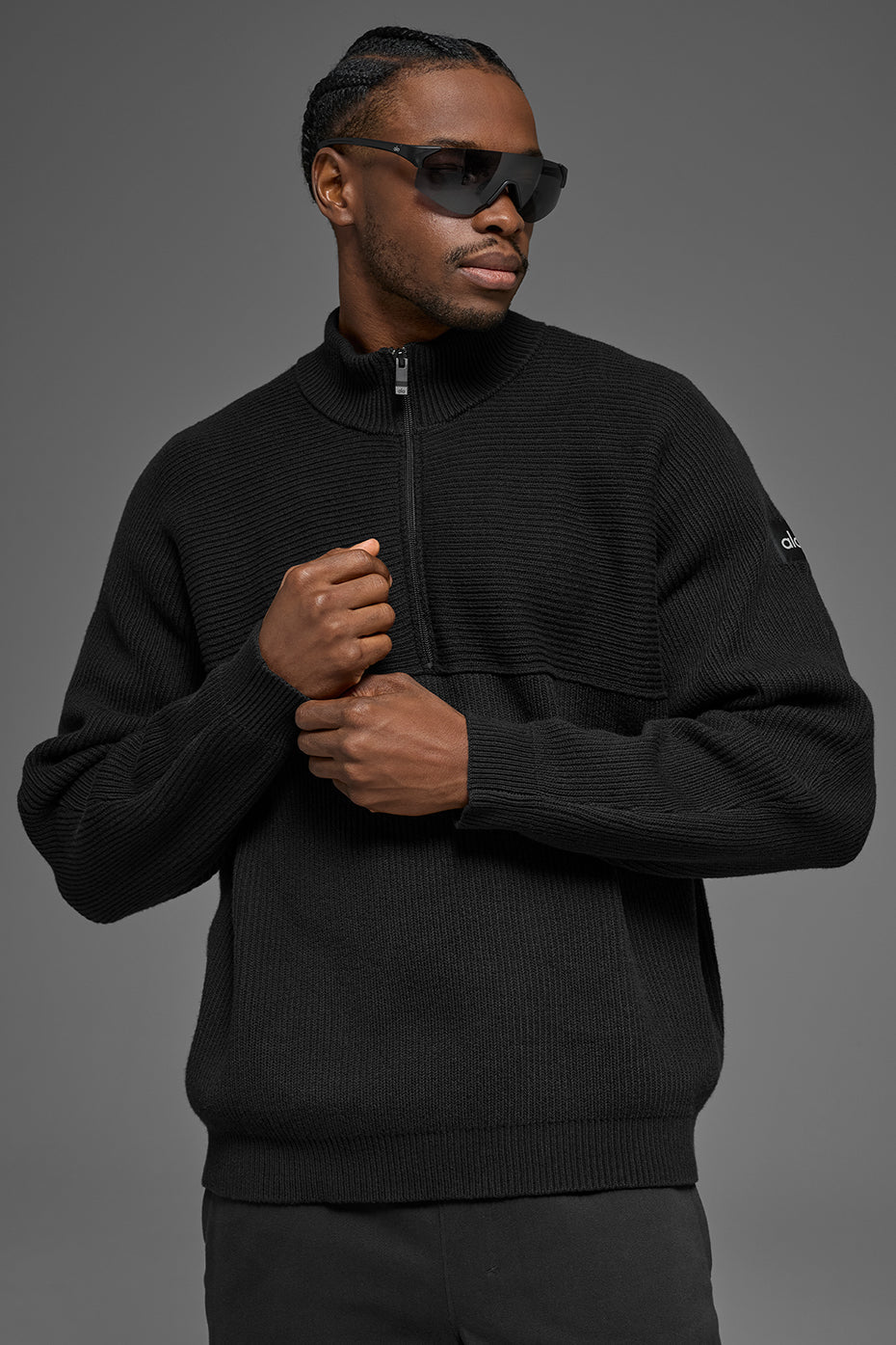 Domain Shift Rib Knit 1/4 Zip Sweater - Black (M3282R)