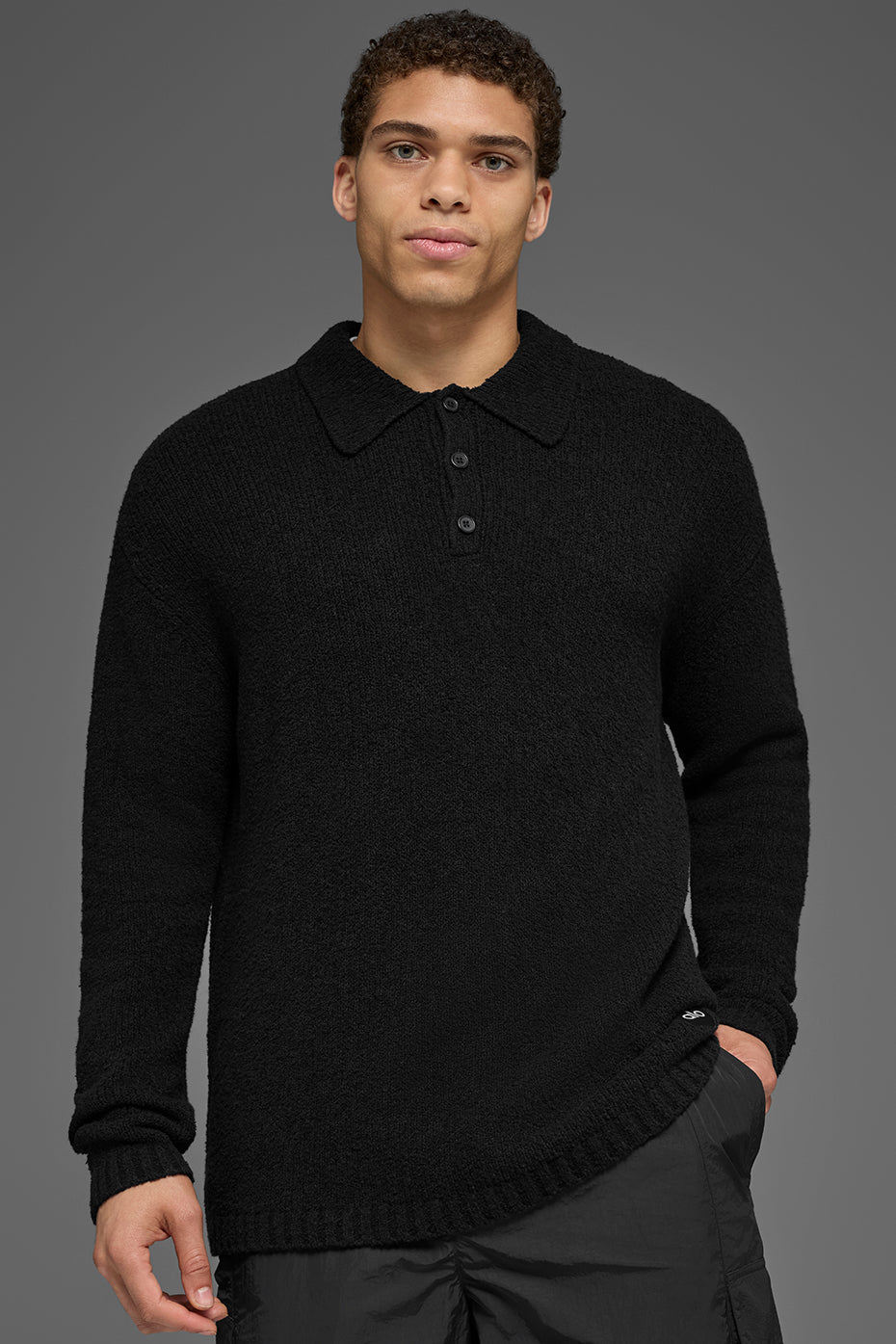 Textured Knit Long Sleeve Polo - Black (M3310R)