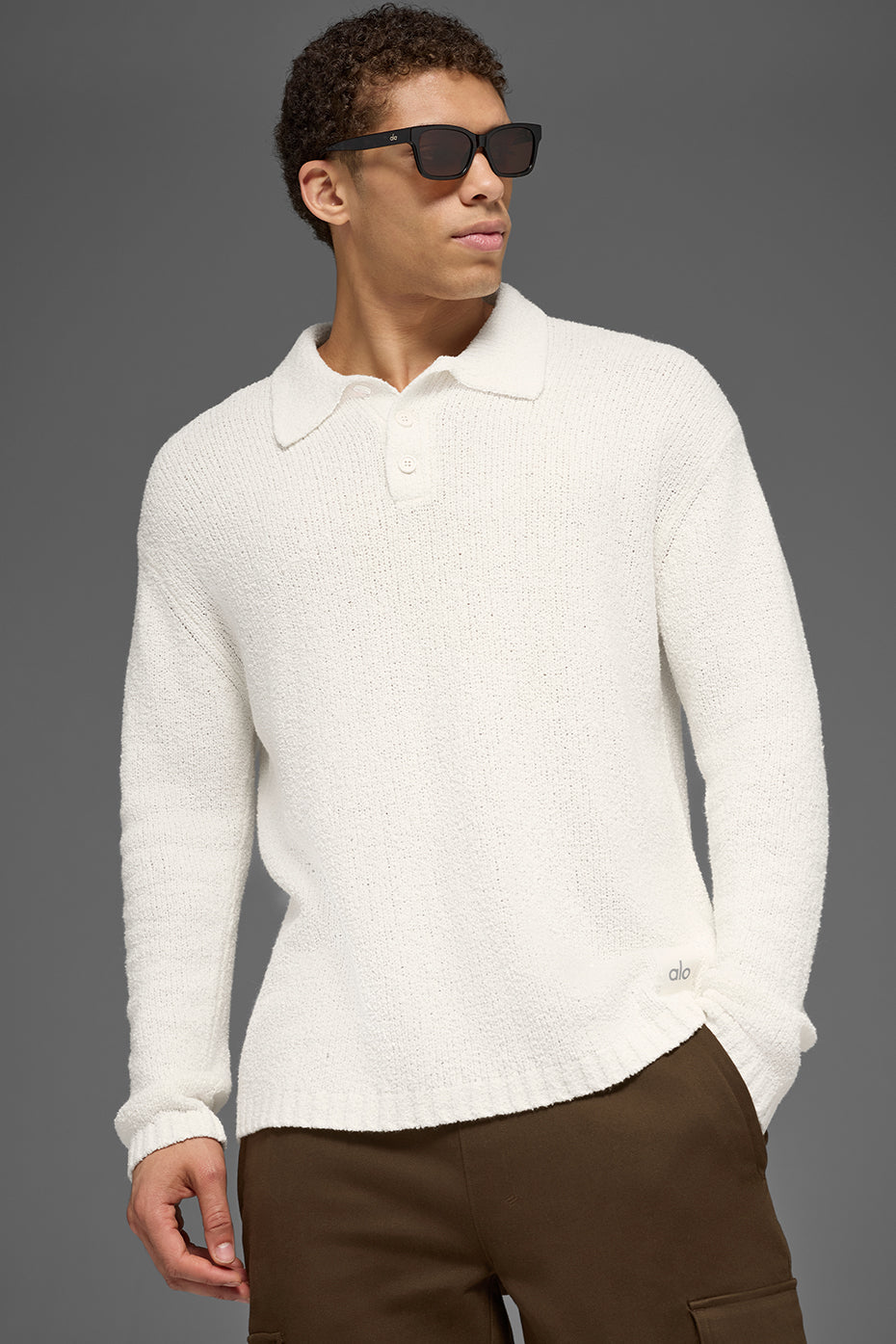 Textured Knit Long Sleeve Polo - Ivory (M3310R)