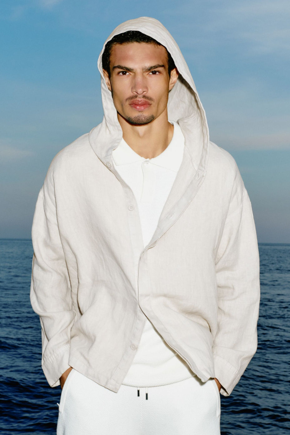 Linen Days Button Up Hoodie - Bone (M3344R)