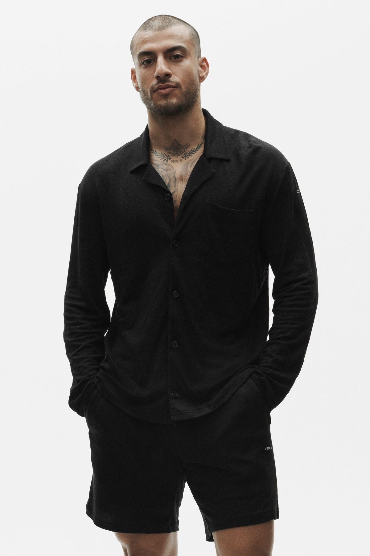 Linen Jersey Coastal Long Sleeve Button Up - Black (M3357P)