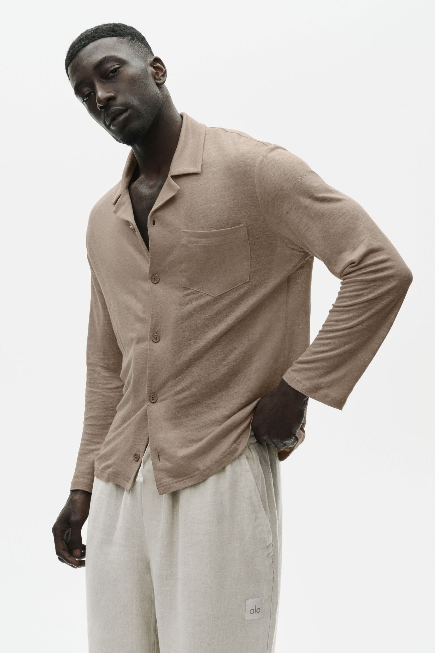 Linen Jersey Coastal Long Sleeve Button Up - Gravel (M3357P)