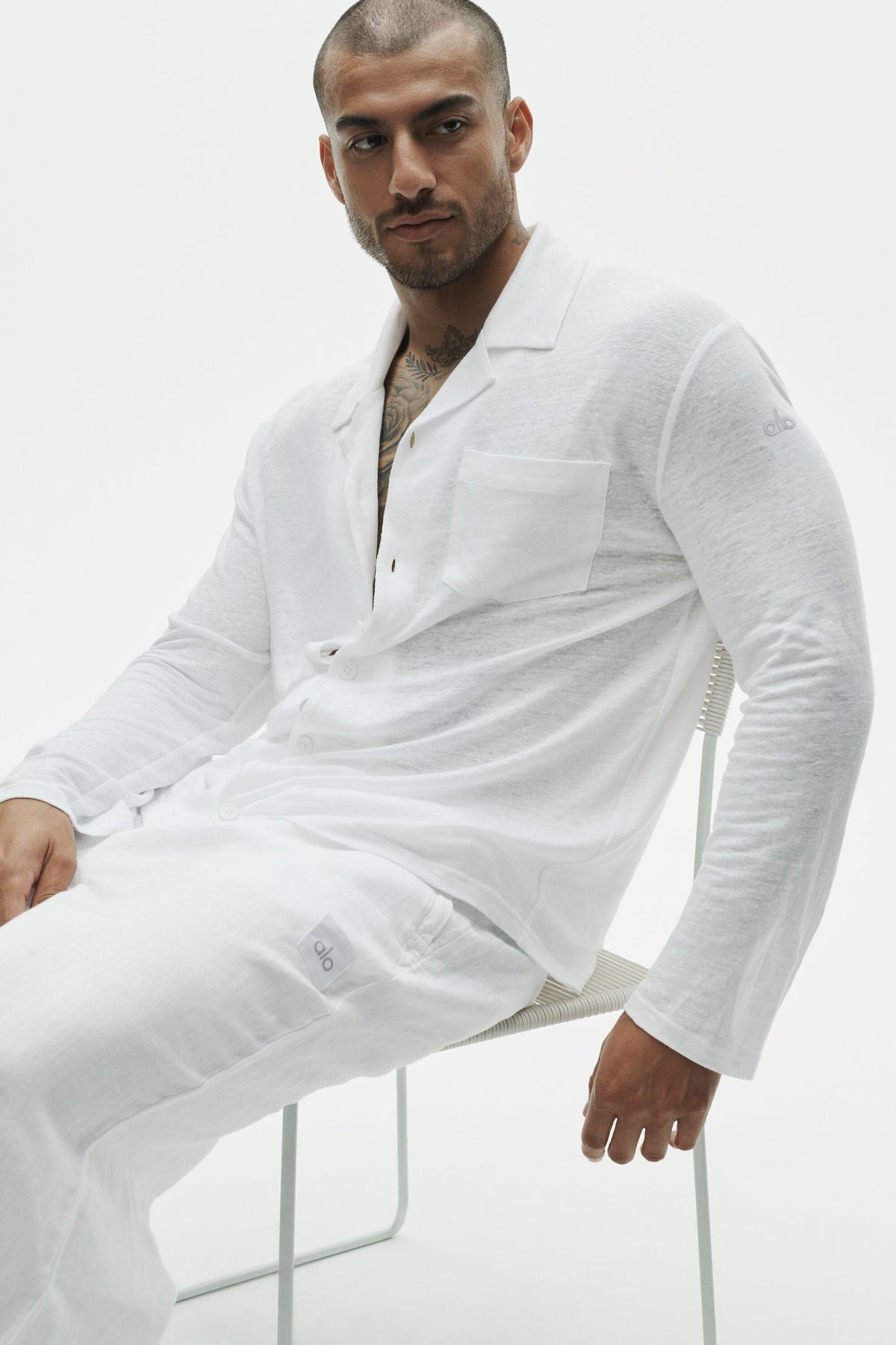 Linen Jersey Coastal Long Sleeve Button Up - White (M3357P)