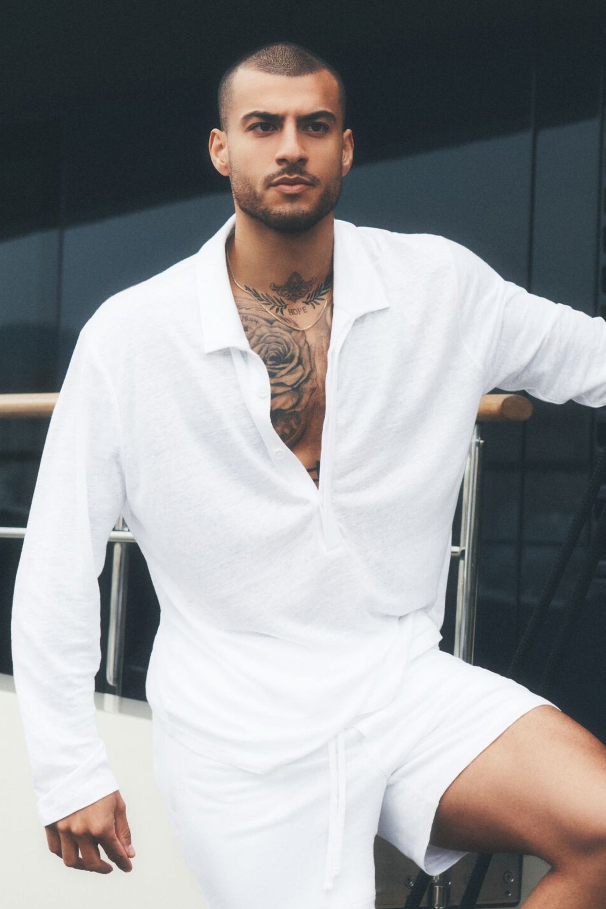 Linen Jersey Coastal Long Sleeve Pullover - White (M3362P)