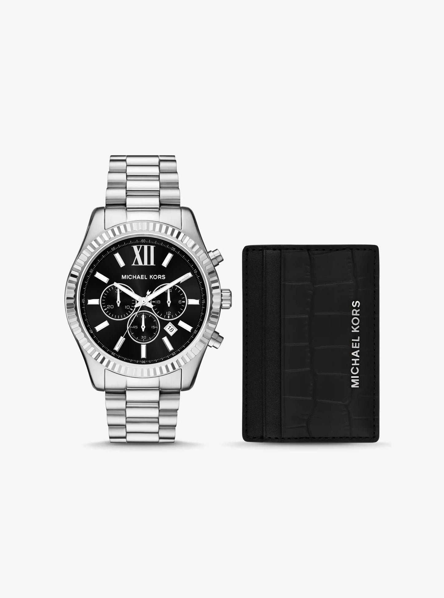 Women's Oversized Lexington Silver-Tone Watch and Crocodile-Embossed Leather Card Case Gift Set MK1091SET