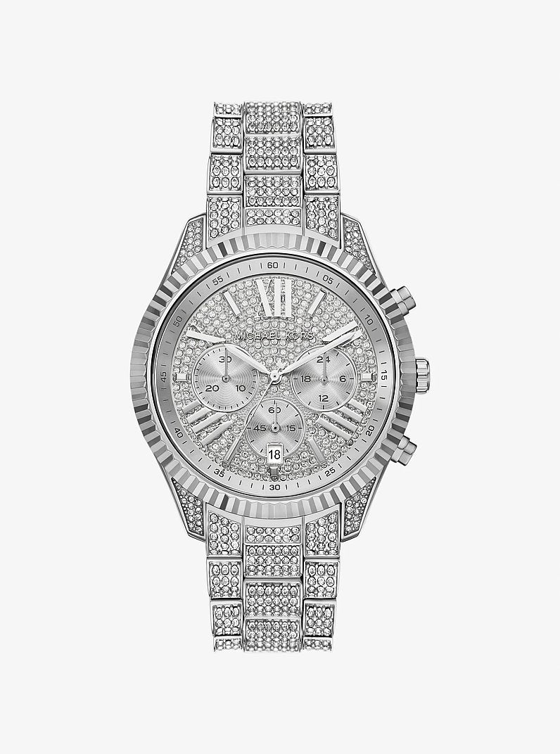 Women's Oversized Lexington Pavé Silver-Tone Watch MK4972