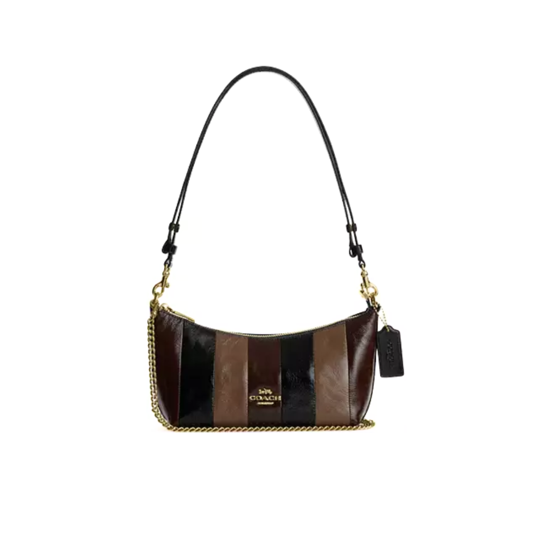 COACH Caitlin Shoulder Bag With Striped Patchwork crinkle leather Gold Black Multi by COACH