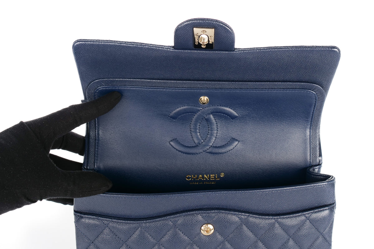 Chanel Medium Double Classic Flap Blue Navy Caviar Champagne Hardware - view 10