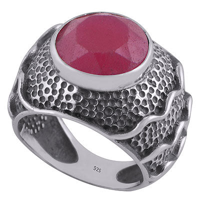 Stunning Oxidised Handwork Around Red Corundum Round Shape 925 Sterling Solid Silver Ring - R1000278-10