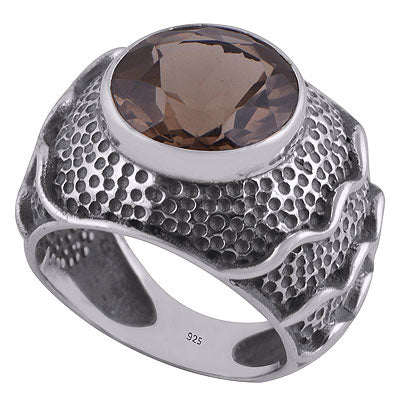 Stunning Oxidised Handwork Around Smoky Topaz Round Shape 925 Sterling Solid Silver Ring - R1000278-6
