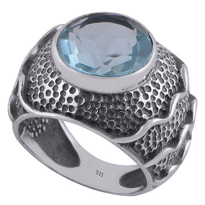 Stunning Oxidised Handwork Around Blue Topaz Round Shape 925 Sterling Solid Silver Ring - R1000278-7