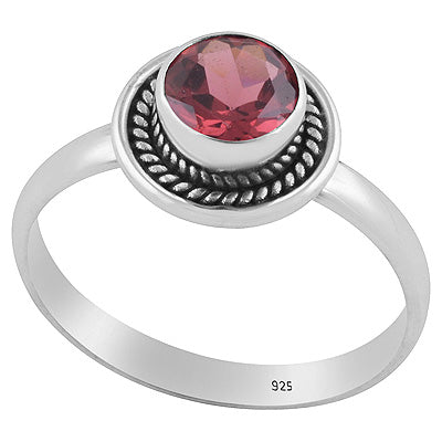 Stunning Textured Wire Around Garnet Round Shape 925 Sterling Solid Silver Ring - R1001638-8