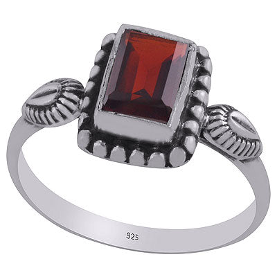 Gorgeous Oxidised Handcrafted Work Around Garnet Rectangle Shape 925 Sterling Solid Silver Ring - R1001847-62