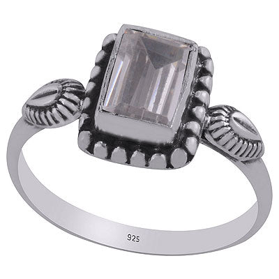 Gorgeous Oxidised Handcrafted Work Around White Cubic Zirconia Rectangle Shape 925 Sterling Solid Silver Ring - R1001847-69